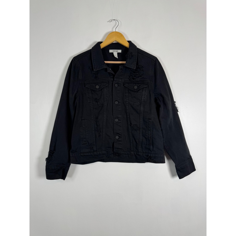 Grunge Refuge Womens Size M Denim Trucker Jacket Black Distressed Ripped Cotton